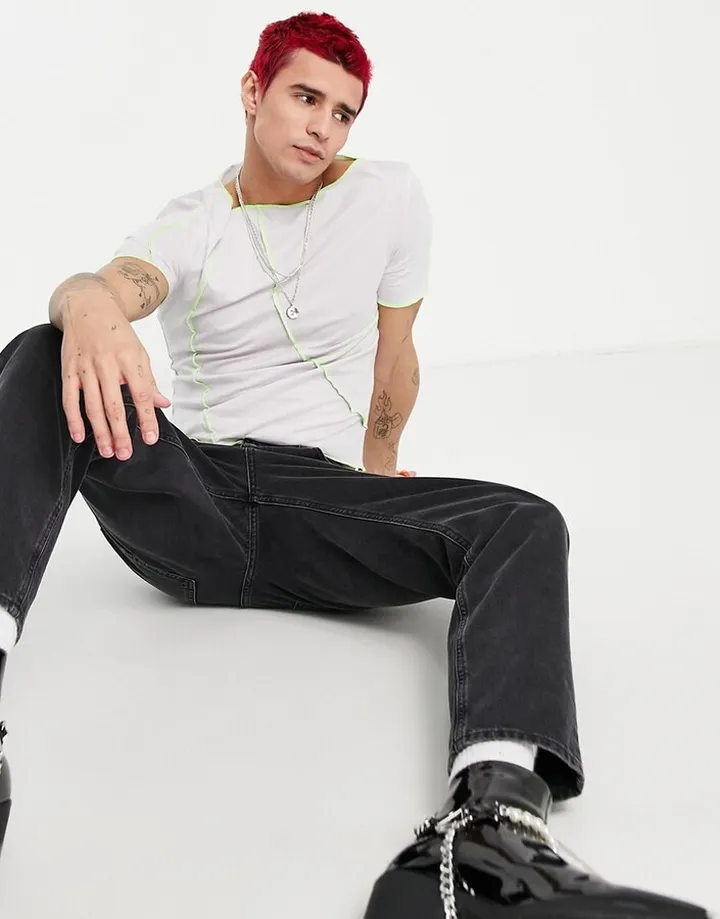 ASOS DESIGN muscle T-shirt in lilac with lime flatlock stitching