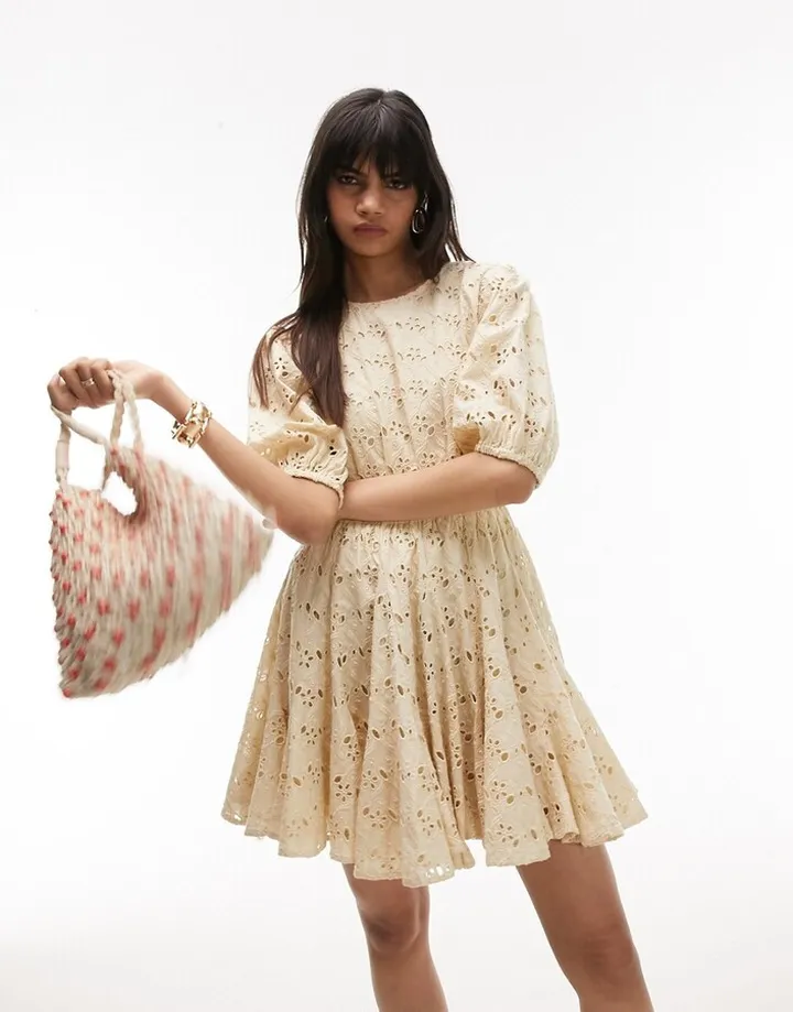 Topshop broderie godet mini chuck on dress in ivory