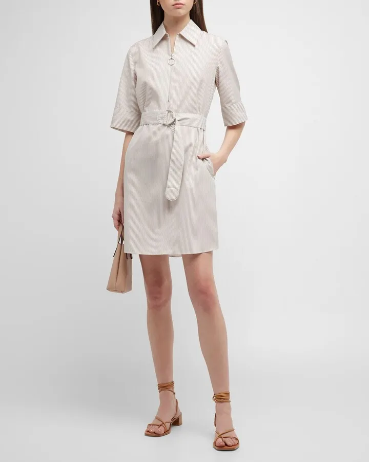 Stripe Belted Zip-Front Poplin Shirtdress
