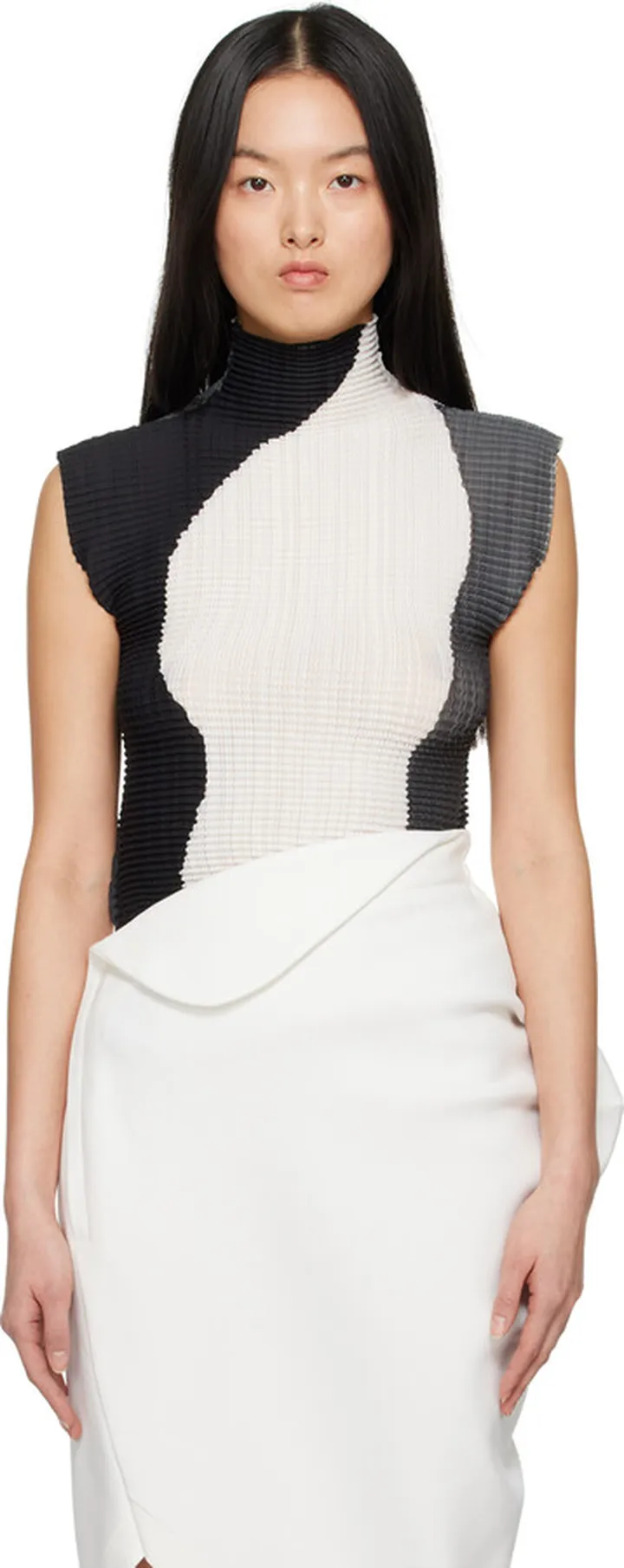 Issey Miyake Black & White Shaped Pleats Turtleneck