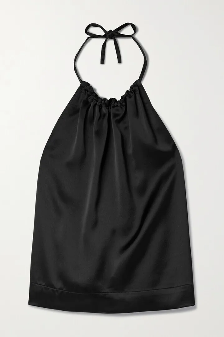 LESET - Barb Ruched Satin Halterneck Top - Black