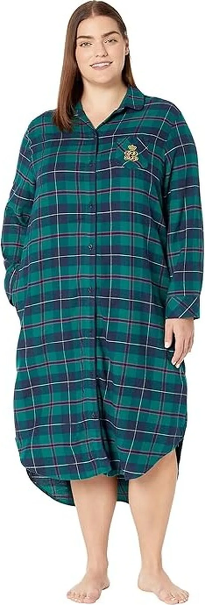 LAUREN Ralph Lauren Plus Size Long Sleeve Rounded Collar Ballet Sleepshirt (Green Plaid) Women's Pajama