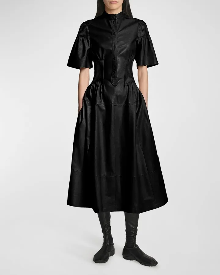 Leather Pintuck Midi Dress