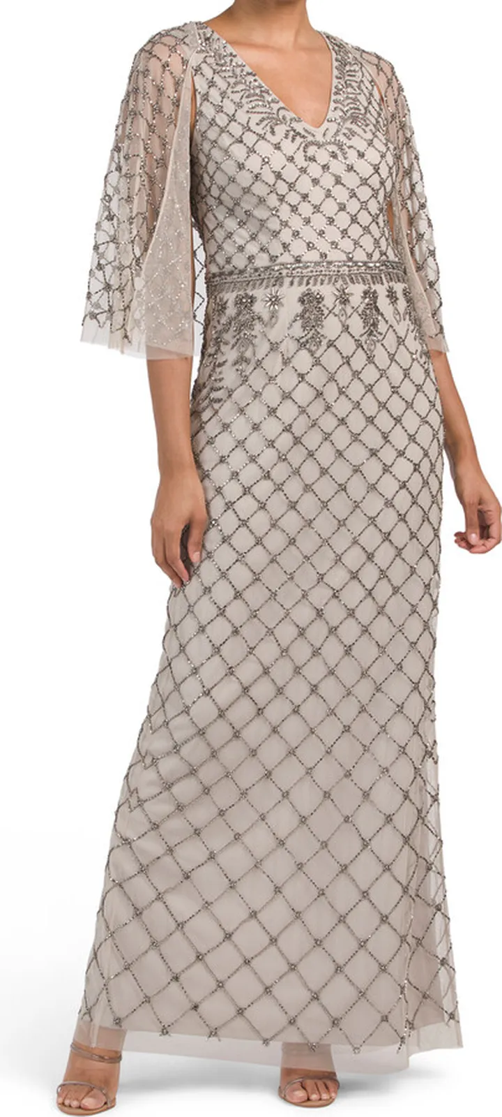 Hand Beaded Cape Sleeve Gown With Illusion