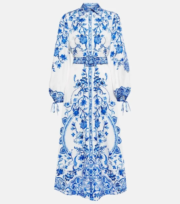 Belted printed silk midi dress