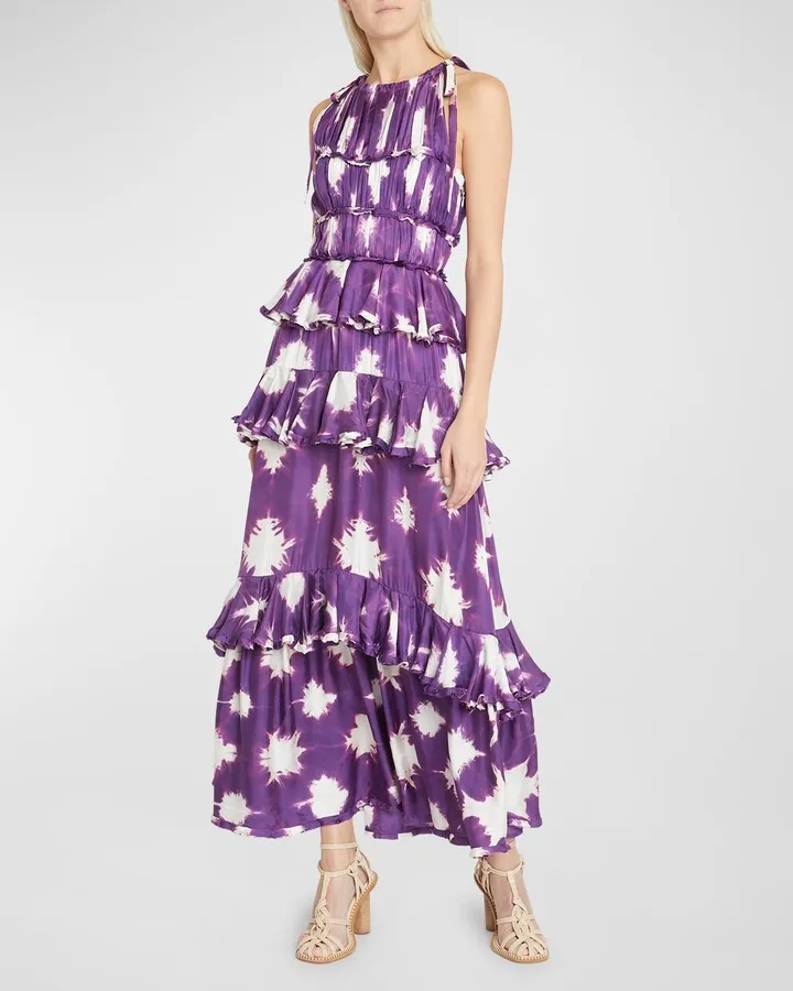 Serafina Tiered Ruffle Shibori Silk Gown