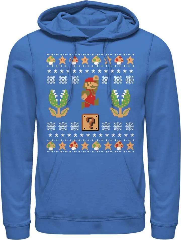 Men's Nintendo Ugly Christmas Mario Question Pull Over Hoodie - Royal Blue - 3X Large