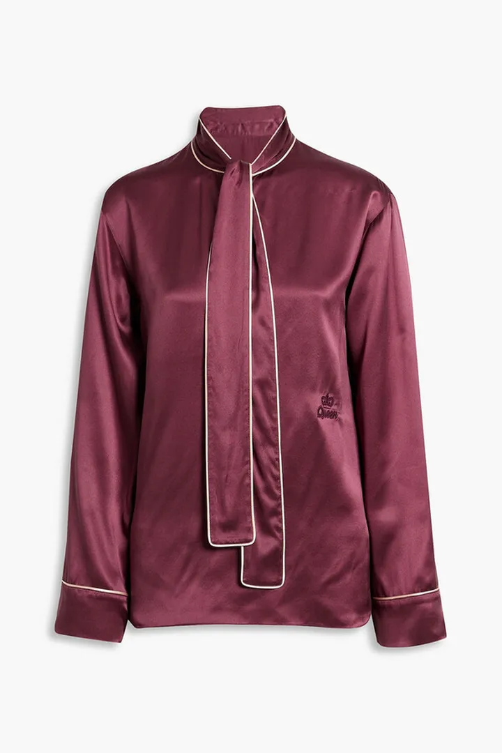 Tie-neck embroidered silk-satin blouse