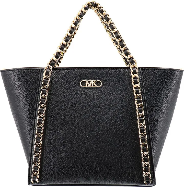 Leather handbag with metal logo on the front
