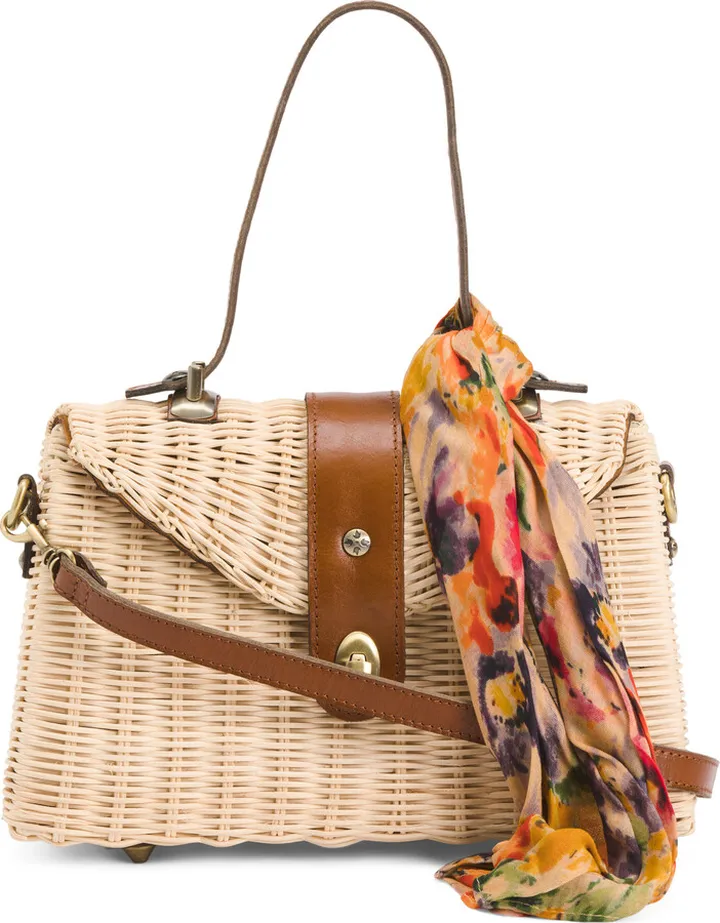 Mersea Rattan And Leather Satchel With Scarf