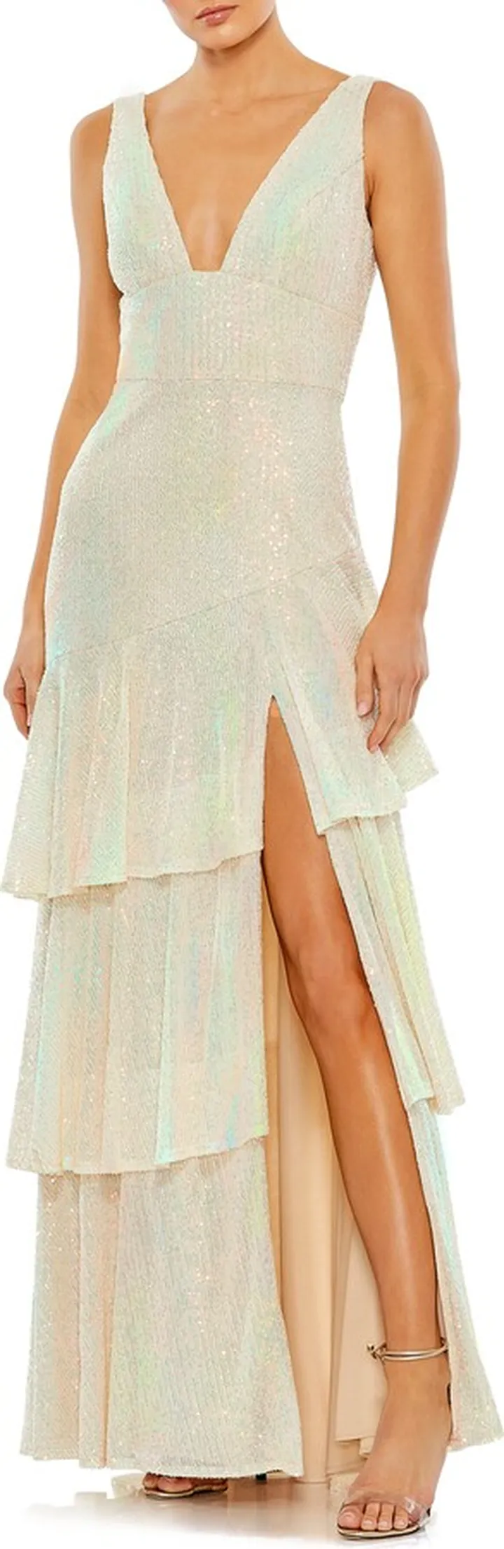 Sequin Ruffle Asymmetric Tiered Gown