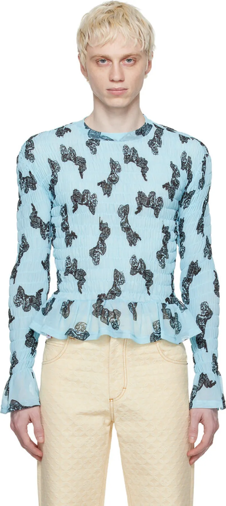 Charles Jeffrey Loverboy Blue Shirred Long Sleeve T-Shirt