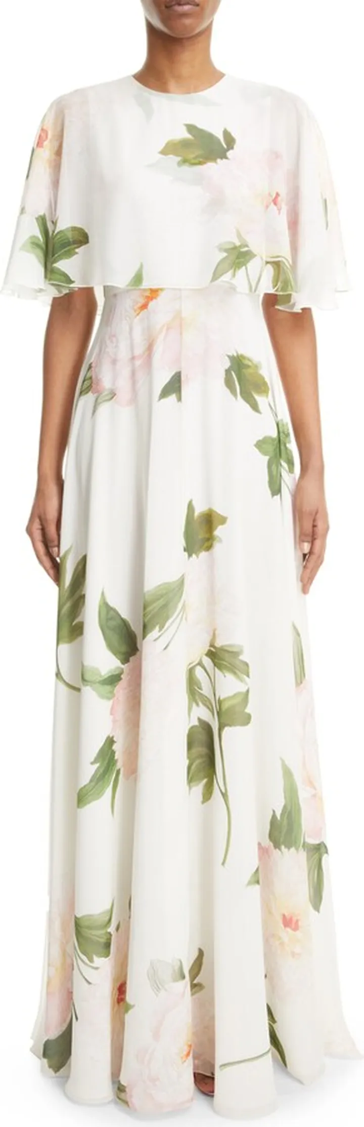Peony Print Silk Georgette Cape Gown