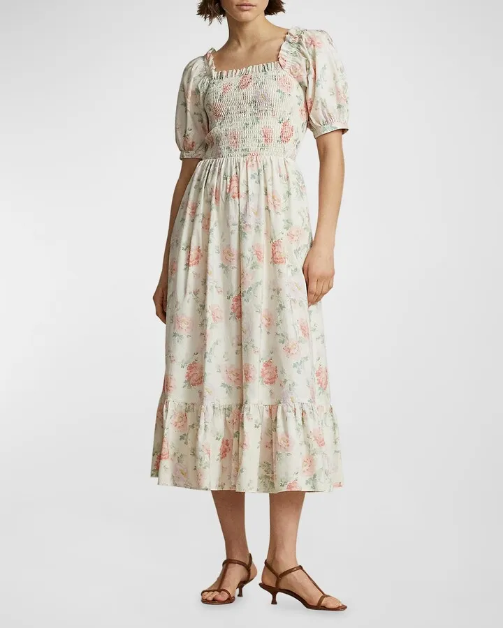 Floral-Print Smocked Cotton Dress