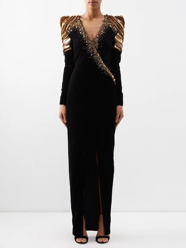 Sequinned-shoulder Side-slit Velvet Gown