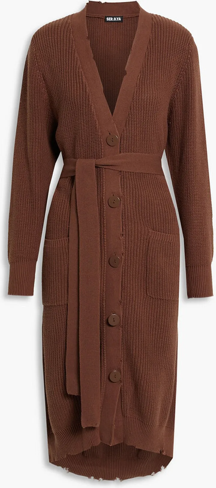 Amanda belted distressed ribbed cotton cardigan