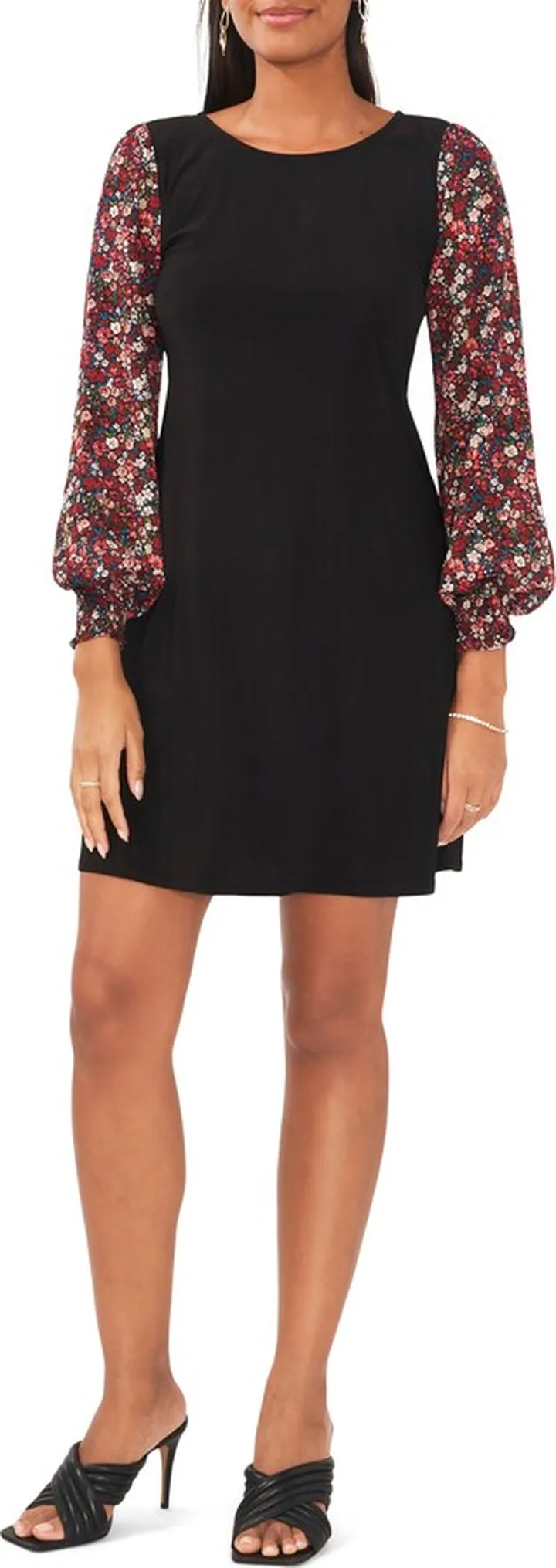 Mixed Media Floral Long Sleeve Sheath Minidress