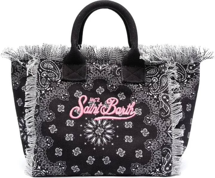 Embroidered-Logo Frayed-Edge Tote Bag