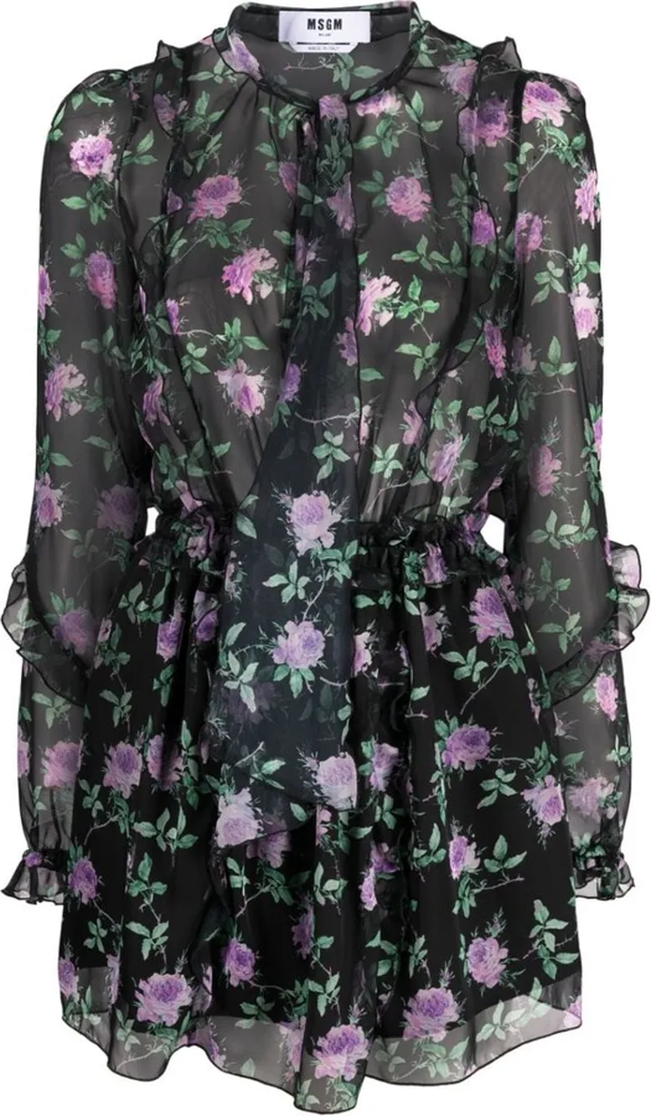 Poly rose-print chiffon minidress