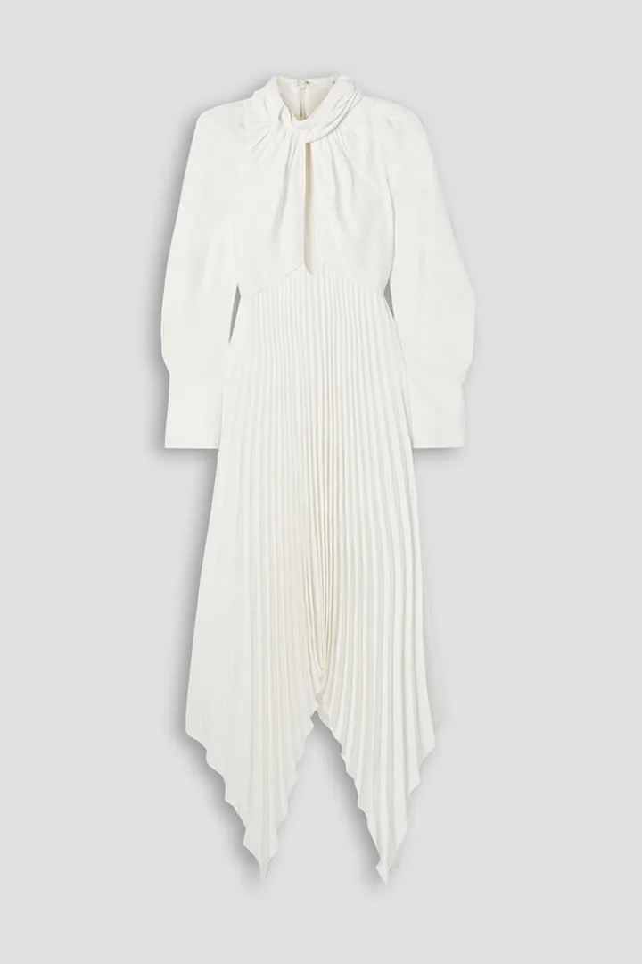 Bryn asymmetric cutout pleated crepe midi dress
