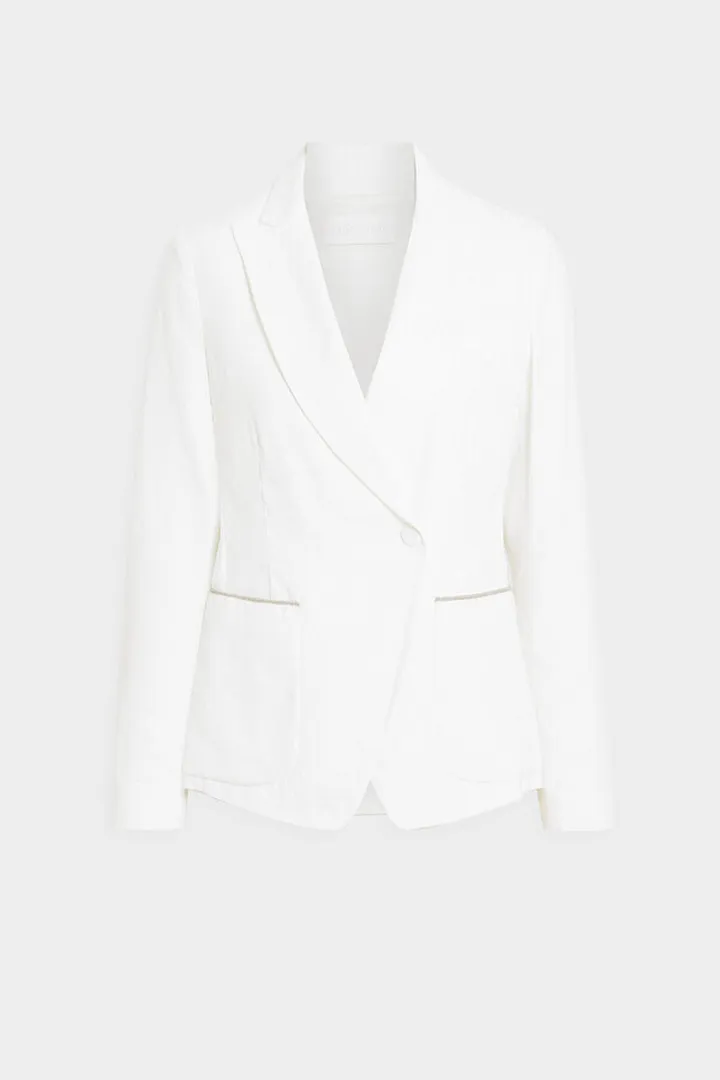 Double-breasted bead-embellished linen-blend blazer