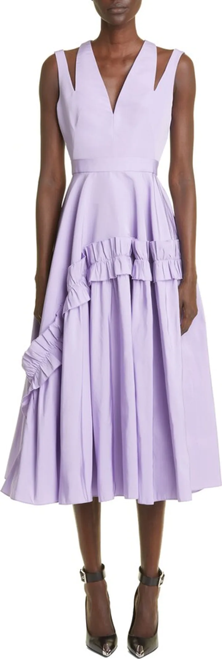 Shoulder Cutout Ruffle Faille Midi Dress