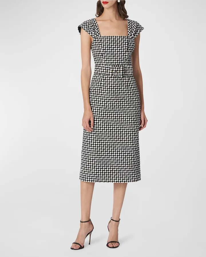 Cap-Sleeve Belted Tweed Midi Dress