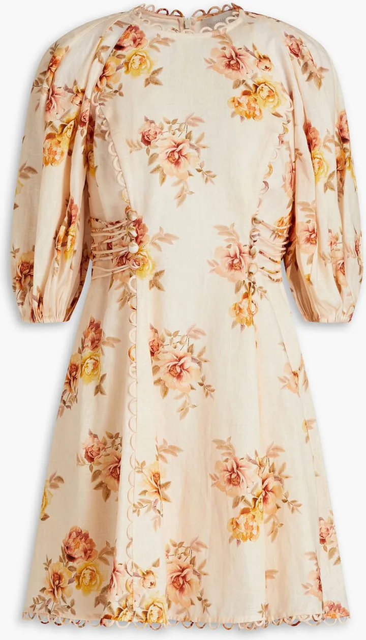 Floral-print linen mini dress