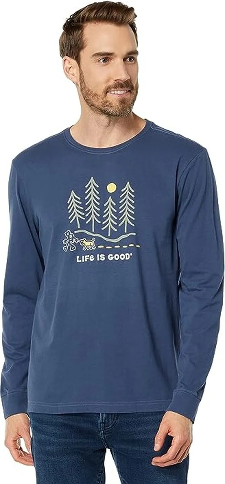 Life is Good Hiking Through The Woods Long Sleeve Crusher-Lite Tee (Darkest Blue) Men's T Shirt
