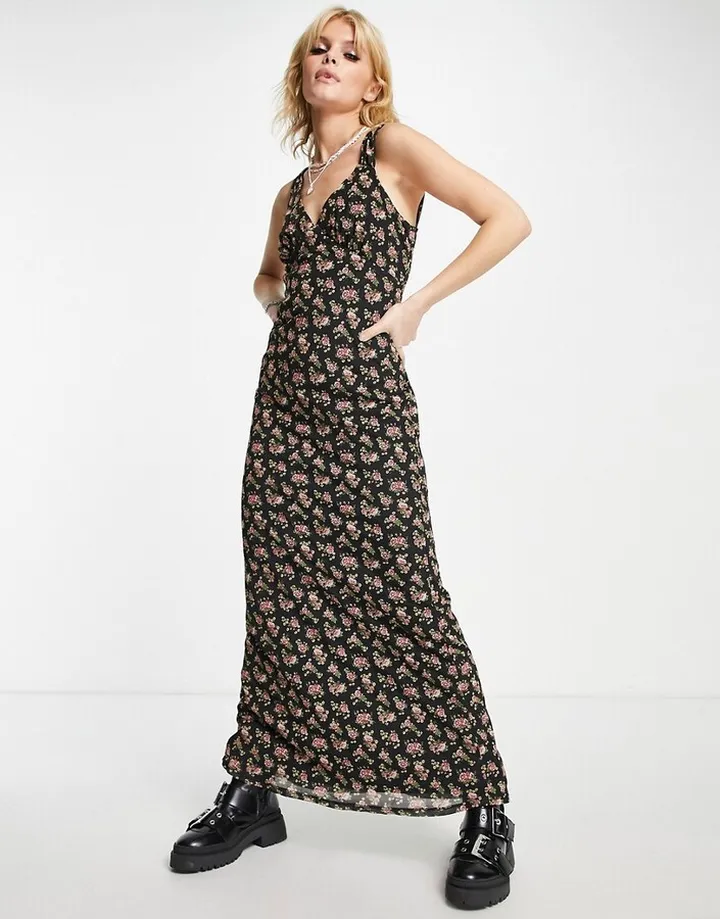 ASOS DESIGN sleeveless ruffle detail maxi dress in black floral