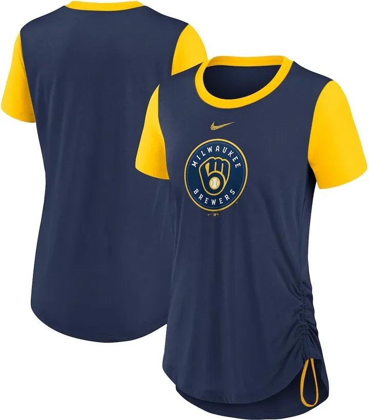 Women's Nike Navy Milwaukee Brewers Hipster Swoosh Cinched Tri-Blend Performance Fashion T-shirt