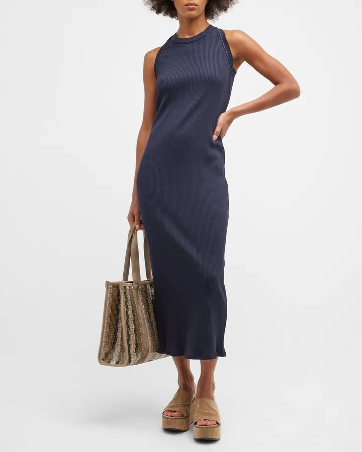 Monili-Trim Cotton Stretch Rib Maxi Tank Dress
