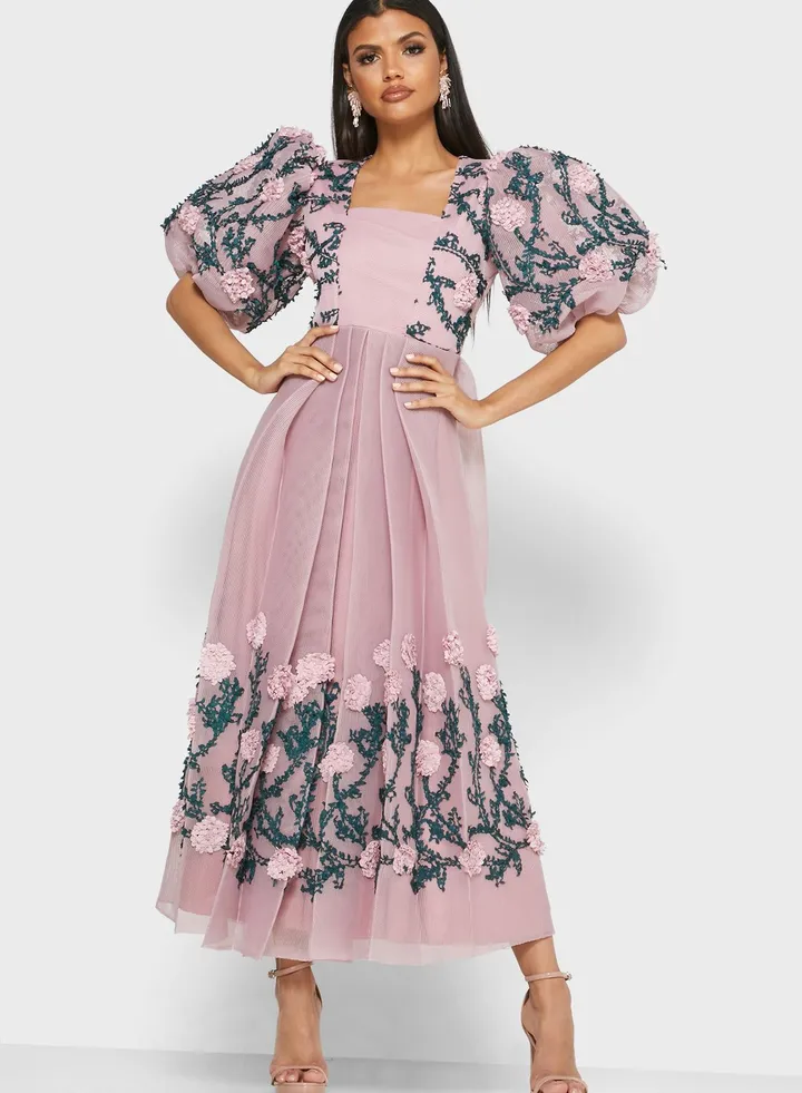 Floral Applique Pleated Dress