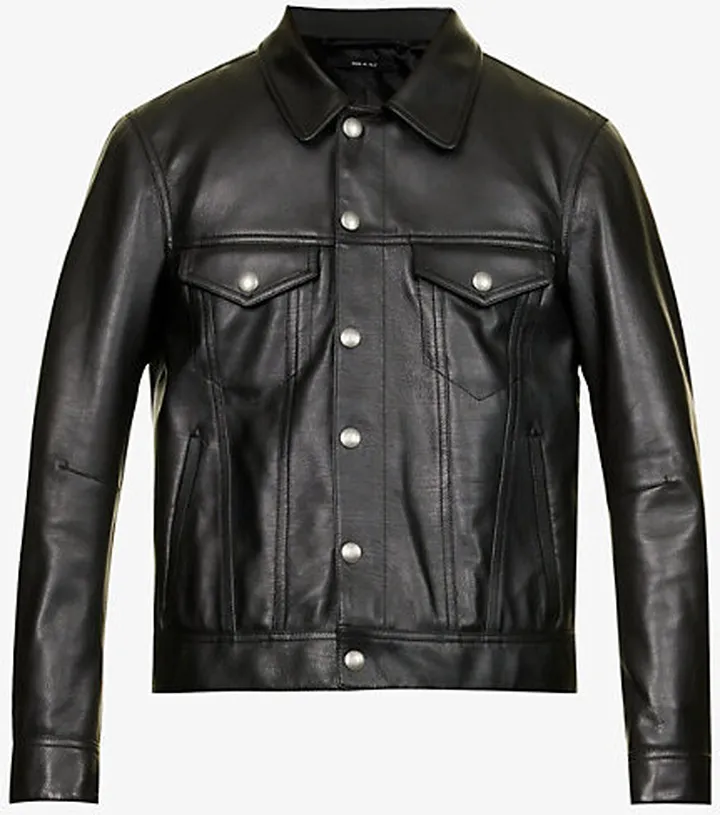 Mens Black Spread-collar Boxy-fit Leather Jacket