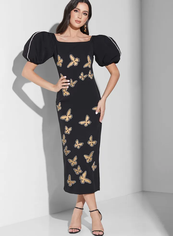 Balloon Sleeve Laser Cut Dress