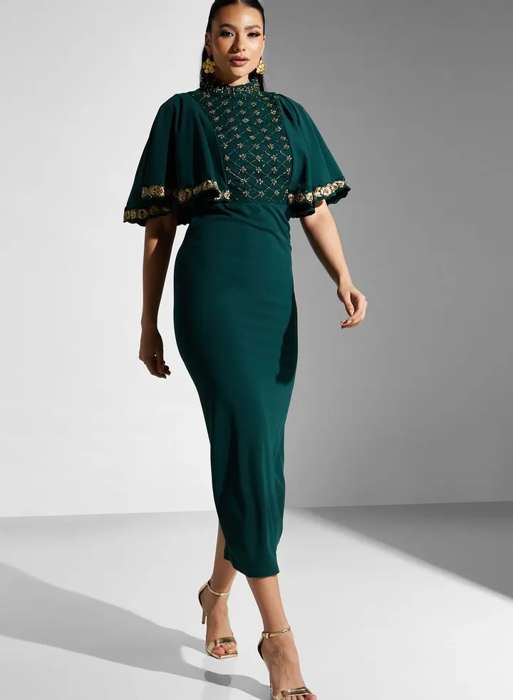 Cape Sleeve Embellished Dress