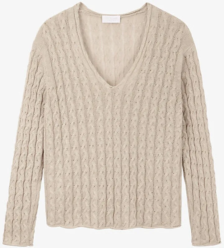 Womens Oyster Cable-knit V-neck Linen Jumper