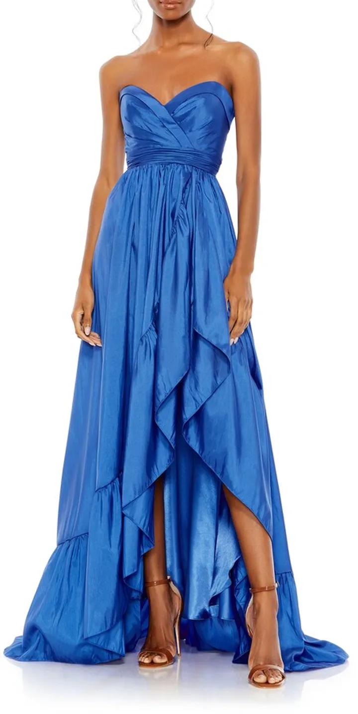 Ruffle Asymmetric High-Low Strapless Gown