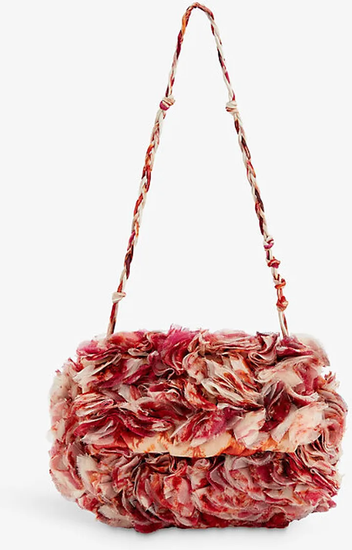 Womens Fuchsia Ruffle Printed Woven Cross-body bag