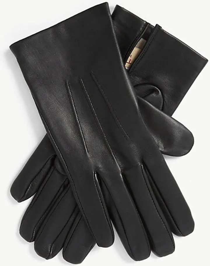 Mens Black Hand-stitched Silk-lined Leather Gloves