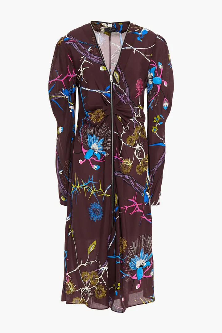 Ruched printed silk crepe de chine midi dress