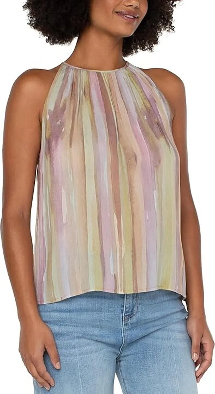 Liverpool Sleeveless Mock Neck Halter Top (Watercolor Stripe Print) Women's Clothing