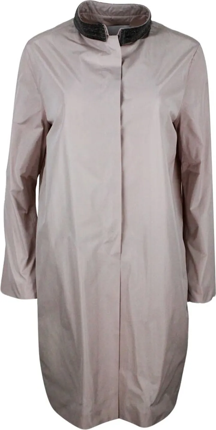 Waterproof Trench Coat In Light Nylon With Pop-up Button Closure And Precious Jewels On The Neck