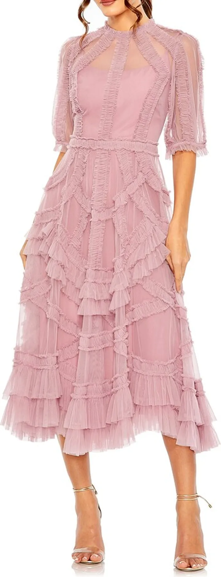 Puff Sleeve Ruffle Tulle Midi Dress