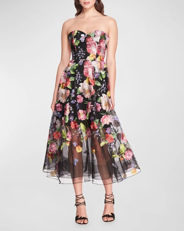 Strapless Floral-Embroidered Tulle Midi Dress