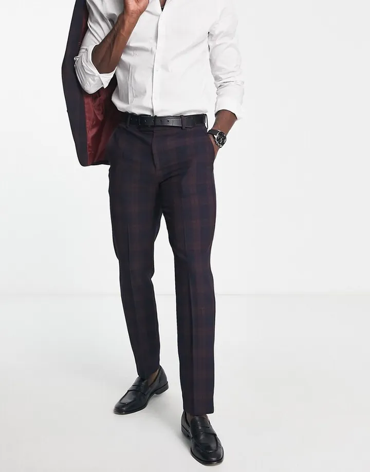 ASOS DESIGN slim suit pants in burgundy blackwatch tartan plaid
