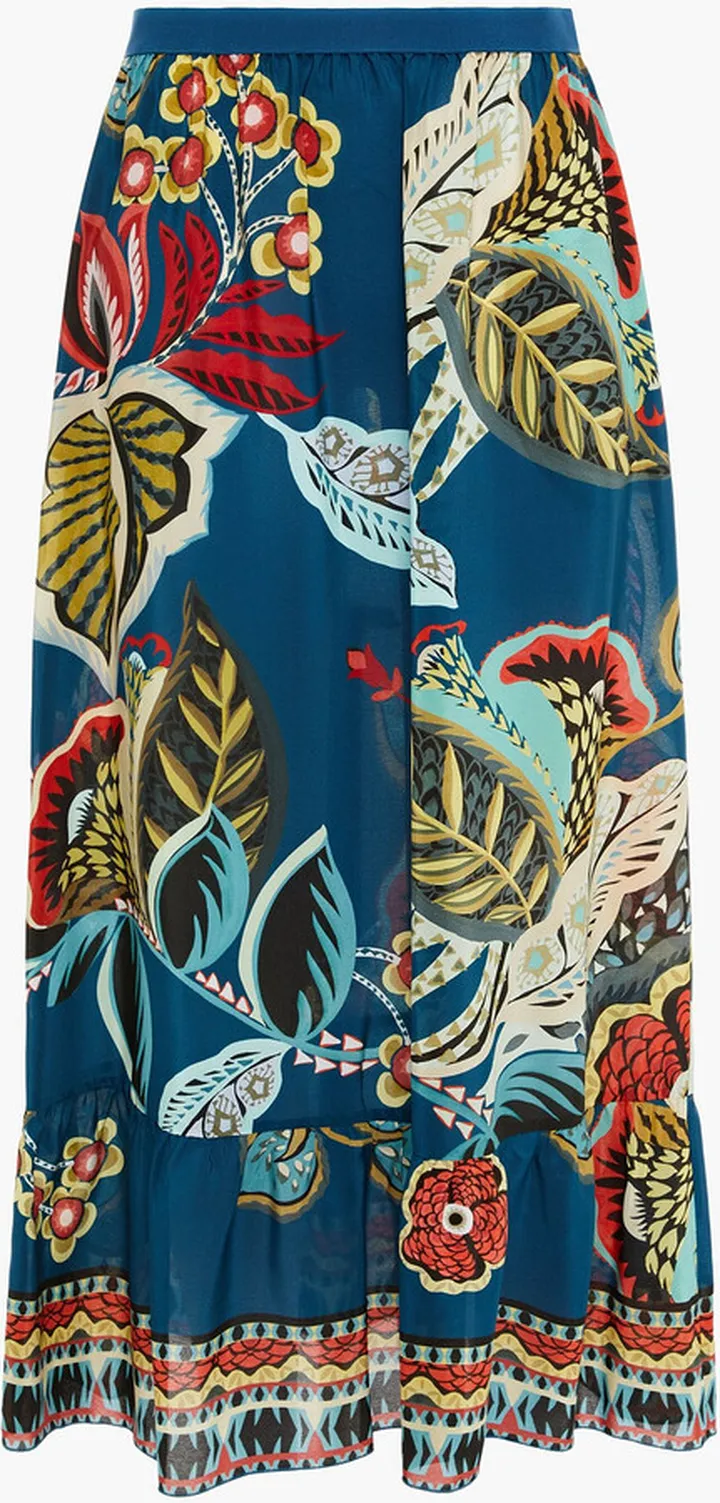 Gathered printed silk crepe de chine midi skirt