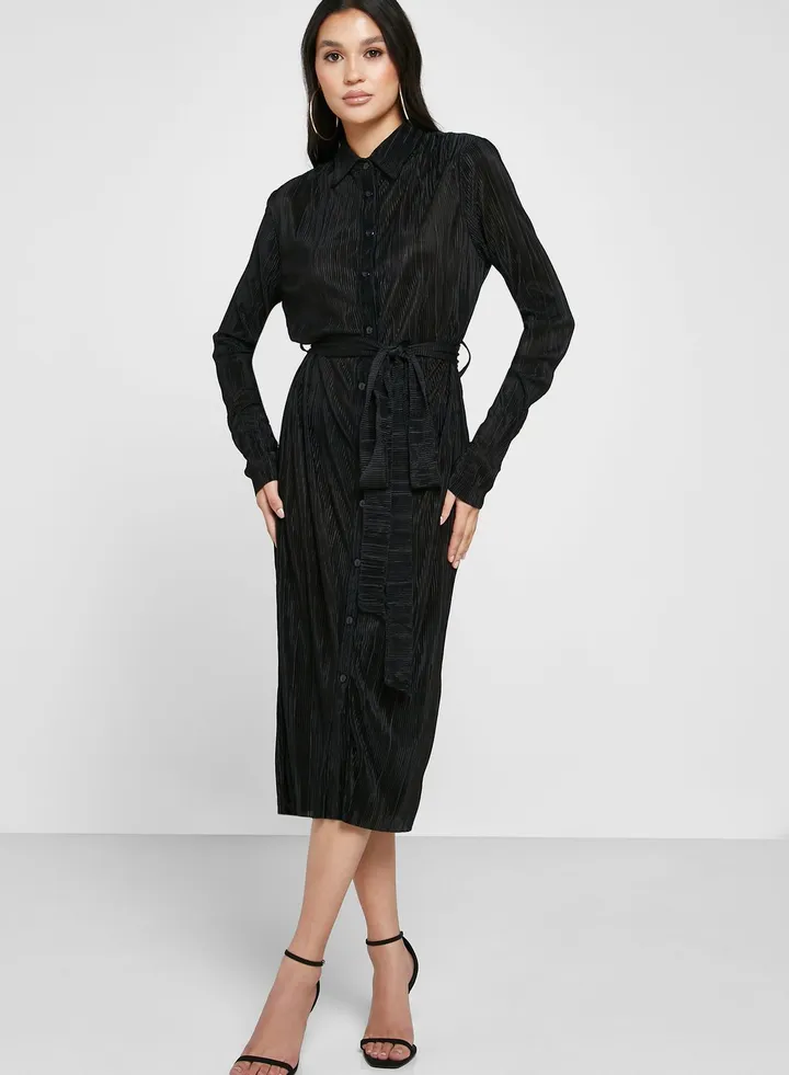 Belted Plisse Detail Dress
