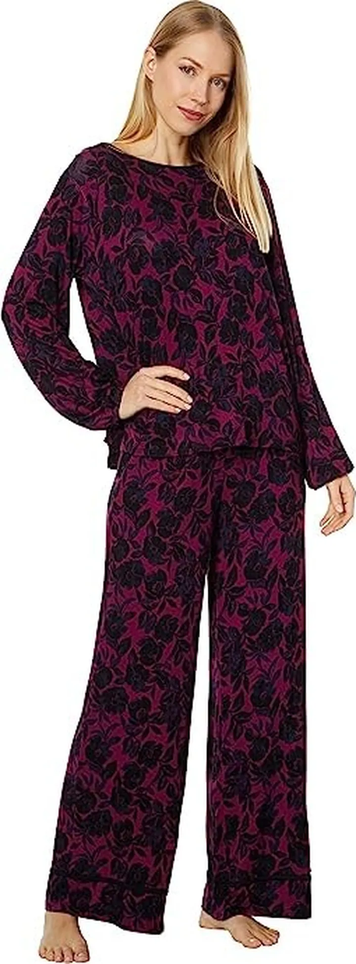 Tommy Bahama Long Sleeve Crop Pants PJ Set (Wine Floral) Women's Pajama Sets