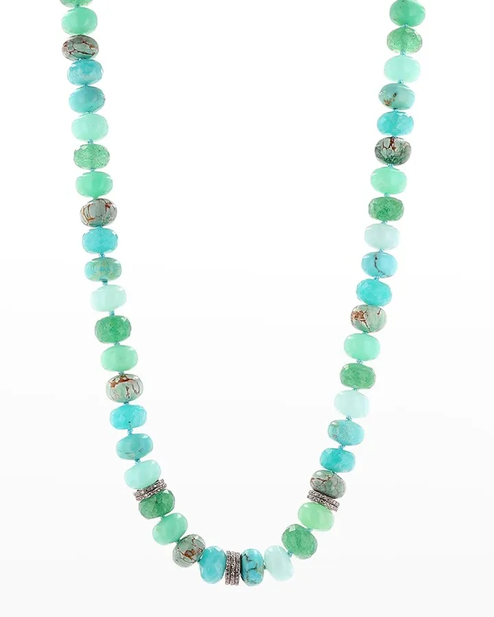 Blue-Green Knot Necklace with 7 Diamond Rondelles